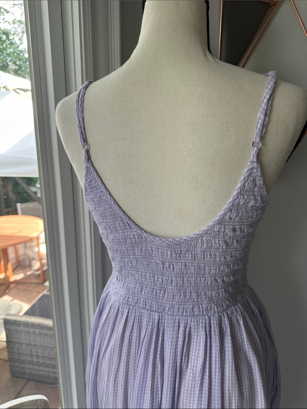 AERIE Lavender White Gingham Smocked Maxi Dress Cottagecore Dropped Waist Small - Picture 7 of 13